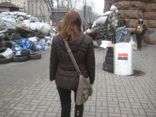 A barricade, with a Right Sector shield in the foreground