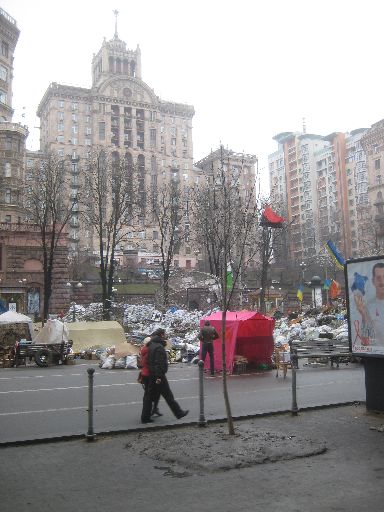 A barricade in front of high-rises, old and new, at the edge of the Euromaidan area going south on Khreshchatyk
