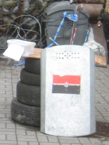 A close-up of the Right Sector shield, with flag